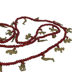Vintage Chachal Red Glass Bead Necklace Brass Animal Charms 56” Strand India