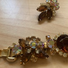 Vintage D&E Juliana Book Brown AB Headlight Rhinestone Bracelet Clip Earring Set