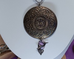 Hummingbird Necklace Purple Silvertone Repousse Pendant Ornate Design Filigree