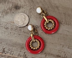 Vintage Red Gold White Double Circle Hoop 2” Drop Resin Stone Clip On Earrings