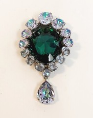 RJP Or CIS French Brooch Green Lavender Rhinestone Dangle Trombone Clasp