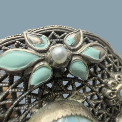 Antique Czech Glass Filigree Enamel Turquoise Blue Fur Dress Clip Brooch NEIGER?