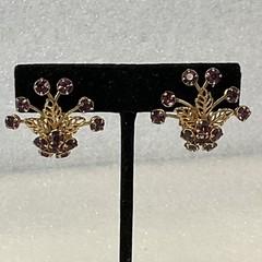 Vintage Purple Rhinestone Floral Cluster Clip-On Earrings Gold Tone