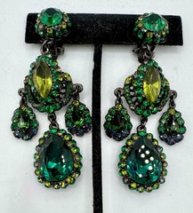 Barrera Crystal Clip-On Drop Earrings Of vibrant green crystals set in Gunmetal