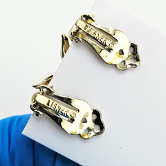 Vintage Signed LISNER Clip On Earrings Amber Rhinestone Faux Pearl Gold Tone MCM