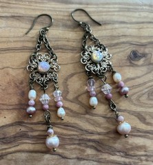 Vintage Boho Earrings Brass-Tone w/Opal-Glass on Alloy Filigree, Pearl+ danglers