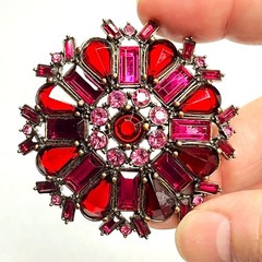 VTG Large Flower Snowflake Brooch Pin Red Fuchsia Pink Purple Glass Rhinestones