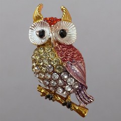 Vintage Owl Brooch Pendant Rhinestone Figural Enamel Gold Tone Jewelry
