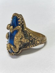 Antique Art Deco Blue Morpho Butterfly Wing Green Man? Pan? Czech? Ring Devil