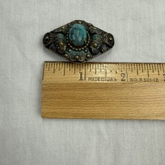 Vintage Czech Brooch Rhinestone Faux Turquoise Gold Tone Filigree Sash Pin