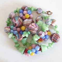 Vtg Antq Czech Glass Marbled Slag Melon Ball Tutti Frutti Bead Cluster Necklace