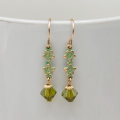 Vintage Style Gold Floral Green Crystal Earrings, Gift for Her, Daughter