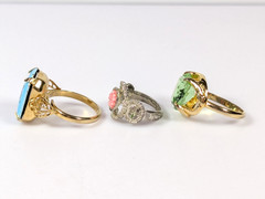 Vtg Victorian Revival Ring Lot Green Glass Blue Flower Enamel Adjustable