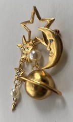 VTG Crescent Moon Stars & Saturn Brooch / Gold Tone Metal W/ Faux Pearls 3”