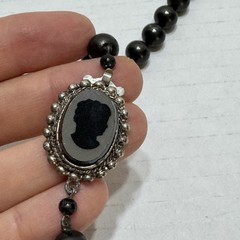 Vtg 23” Glass Faux Pearl Necklace Carved Cameo Clasp Charcoal Grey Black Grandma