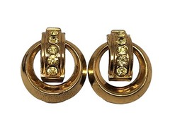 Signed CORO Gold Tone Yellow Rhinestone Screw-back Earrings Vintage Round Circle