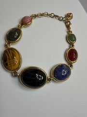 Vintage Multi Gemstone Egyptian Revival Scarab Link Bracelet Mid-Century Rainbow