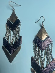 Vintage Geometric Chandelier Dangle Earrings Bronze Tone Layered Chevron Chain