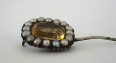 Antique Georgian English Brooch Yellow Topaz w/Split Pearl Halo Gold Setting