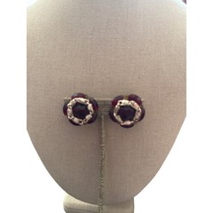 Vintage Ruby Red Faceted Glass Cluster Clip On Earrings Silver Tone Scrollwork