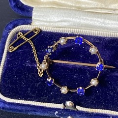 Antique Victorian 14ct Gold Simulated Sapphire&Seed Pearl Brooch w/safety chain