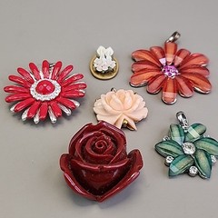 Vintage Flower Pendant Lot of 6 Red Peach Celluloid Acrylic Resin