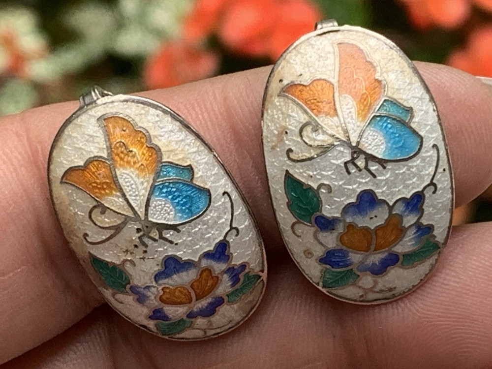 Vintage Cloisonne Enamel Butterfly Clip Earrings Oval Silver Tone Repaired