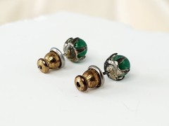 2 Pairs Green Jade Stud Earrings – 1 Silver Tone & 1 Gold Tone – Vintage