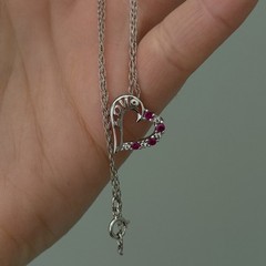 Lenox 925 Sterling Silver Vintage Ruby & CZ Open Heart Love Dainty Necklace 18″