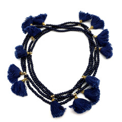 India Handmade Navy Glass Bead Cotton Thread Tassle GoldTone Spacer 80″ Necklace