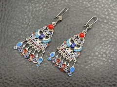Sterling Silver Egyptian Revival Enamel Chandelier Earrings Scarab Hieroglyph