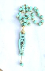VINTAGE EGYPTIAN MUMMY SARCOPHAGUS PENDANT URANIUM GLASS BEAD NECKLACE SET OOAK