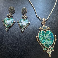 Vintage Heart Bird Jewelry Set Necklace Earrings Gold Victorian Gift Women