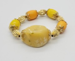 Orange & YELLOW Bracelet Retro Beaded Stretch One Size Gold tone OSFM