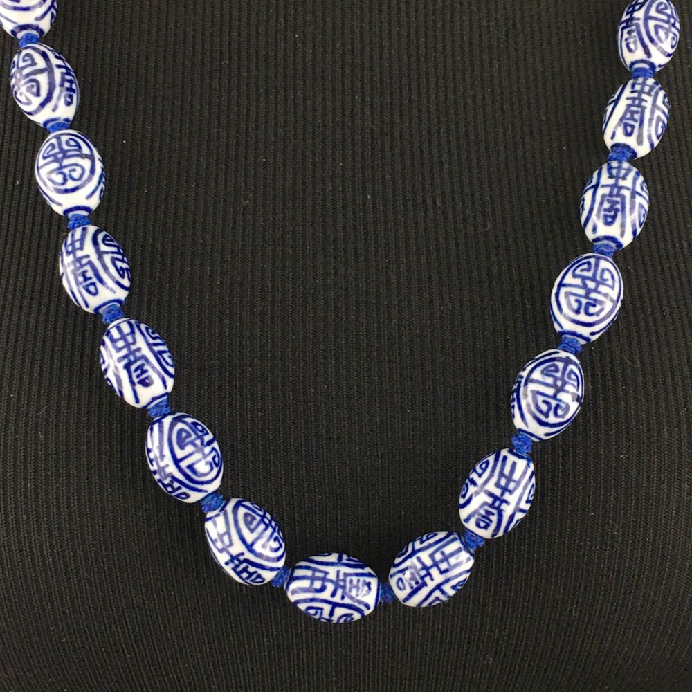 CHINESE porcelain necklace – blue & white barrel beads shou symbol 29″ knotted