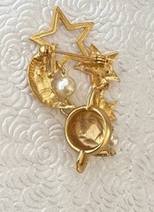 Vintage Crescent Moon /stars & Saturn Brooch / Gold Tone Metal W/ Faux Pearls