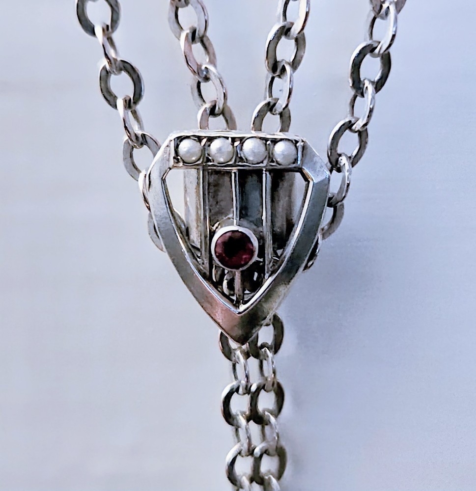 Victorian .800 Silver 57″ Guard Chain Watch Pendant Necklace Garnet Pearl Slide