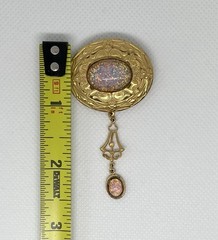 Victorian Revival Czech Foiled Opal Glass Brooch Oval Gold Tone With Dangle