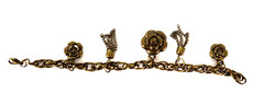 Vintage Bracelet Gold Tone Rose & Chain Dangles Charms 7.5″ Jewelry Accessories