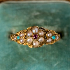 LOVELY SMALLER ANTIQUE GEORGIAN ENGLISH 18K GOLD PEARL TURQUOISE RUBY RING c1820