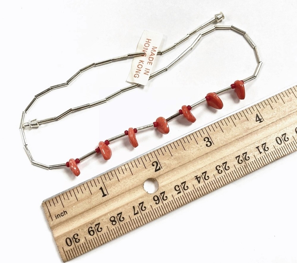 Vintage Hong Kong Silver Tube Simulated Red Coral Nugget Bead 17″ Necklace W700