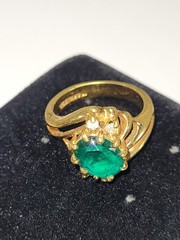 Vintage 14KGE Plate Imitation Emerald Solitaire Clear Stone Accents Fashion Ring