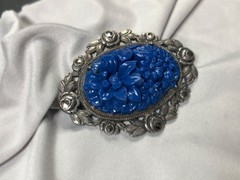 ANTIQUE Art Nouveau Floral Lapis Lazuli Opaline Glass Sterling Silver Pin Brooch