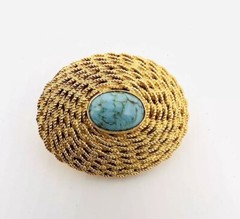Italy Shiny Gold Plated Rope Twist Turquoise Glass Brooch Signed Vintage Jewelry