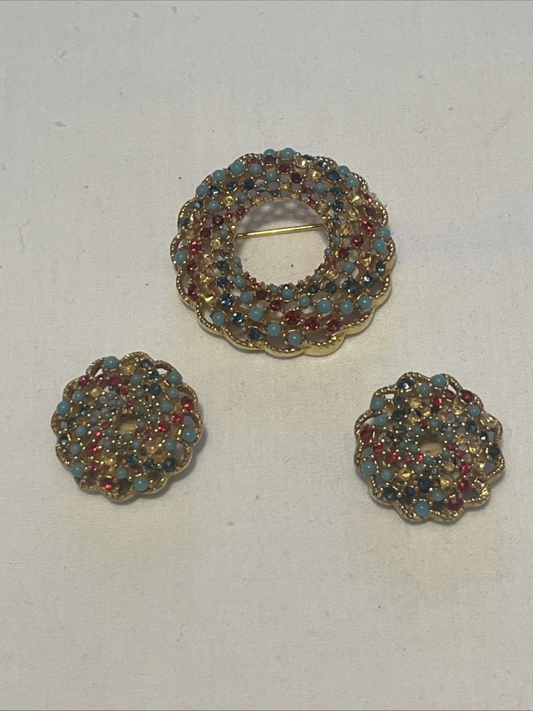 Vintage 1960s Sarah Coventry Song of India Brooch Pin Set with Clip On Earrings