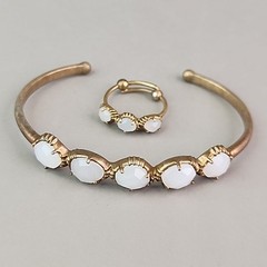 Vintage Milky Quartz Cuff Bracelet Ring Set White Stone Brass India