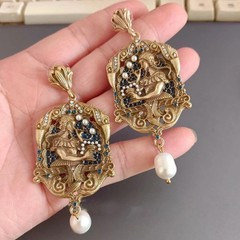 Vintage French Oil Painting Pearl Dangle Drop Earrings Court Gold Statement Gift