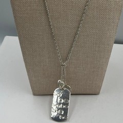 Vintage Silver Tone “Be Be Be” Dog Tag Necklace Heart Charms Rhinestone Accent