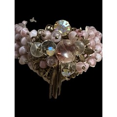 Vintage Pink Opaline Glass Multi Strand Bracelet AB Rhinestone Floral Tassel