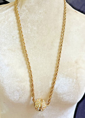 Vintage Rhinestone Slide Ball Charm Pendant necklace Gold Tone Iridescent